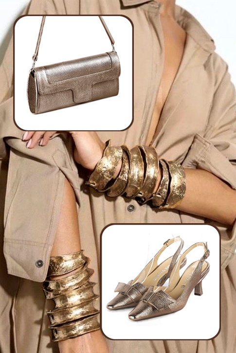 Bronze gold women's slingback shoes. Tapered toe. Medium spool heels. Worn view - Florence KOOIJMAN